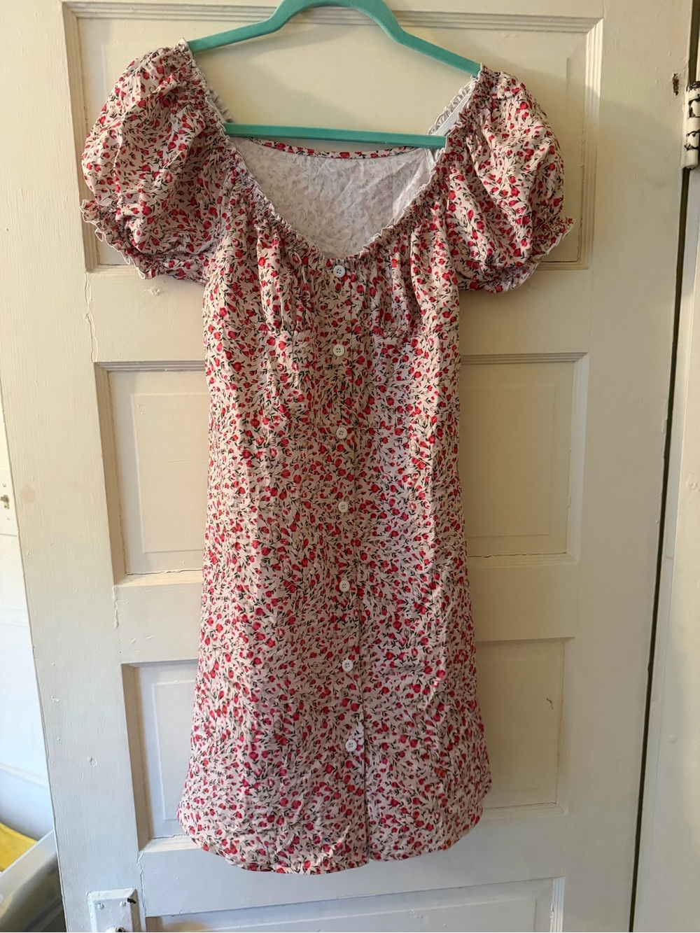 SHEIN Red Floral Puff-Sleeve Mini Dress